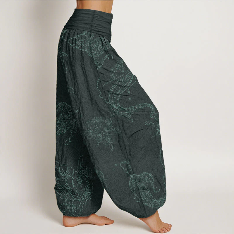 Buddha Stones Pure Cotton Koi Fish Floral Pattern Women's Elastic Waist Harem Pants