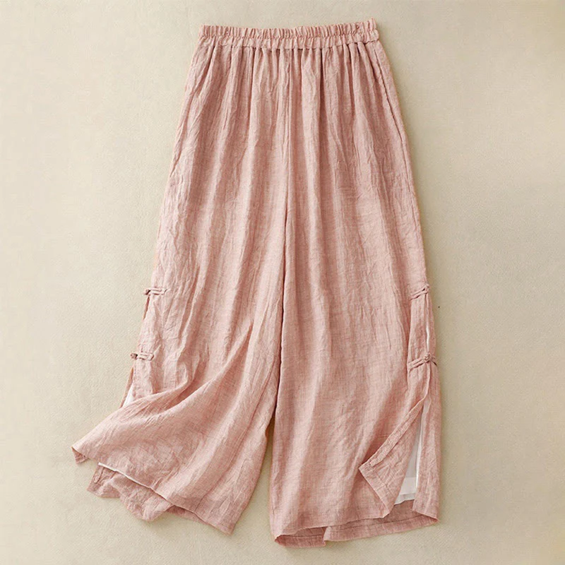 Buddha Stones Casual Plain Color Chinese Frog Button Cotton Linen Women's Wide Leg Pants