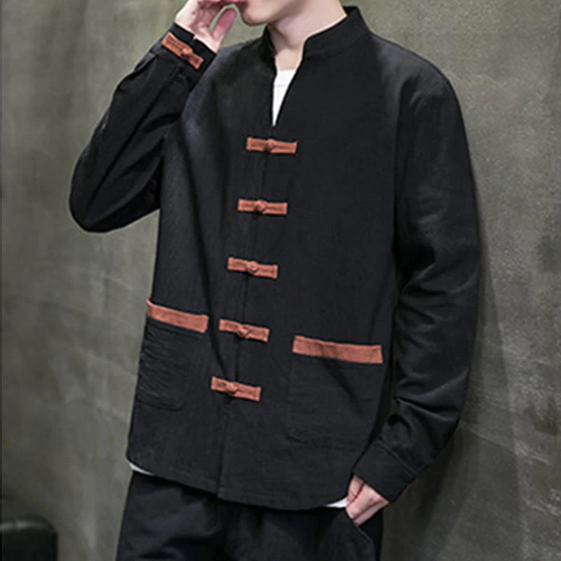 Buddha Stones Men's Stand Collar Frog-button Cotton Linen Long Sleeve Shirt With Pockets