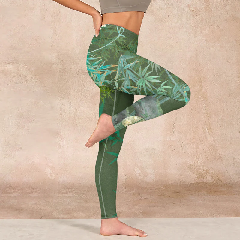Buddha Stones Green Bamboo Rock Flower Print Gym Leggings Women's Yoga Pants