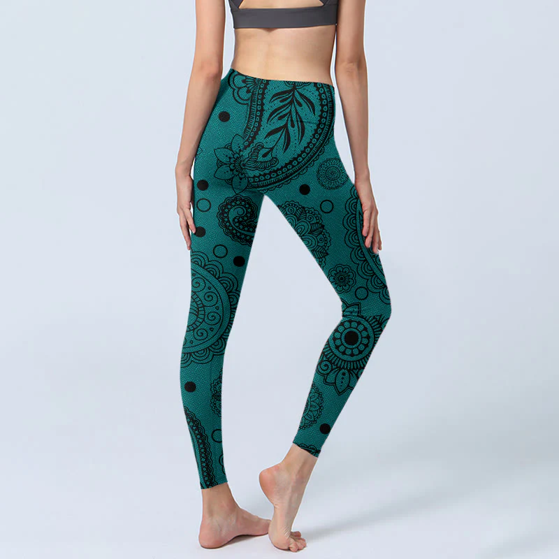 Buddha Stones Deep Green Cashew Flower Petals Print Gym Leggings Women's Yoga Pants