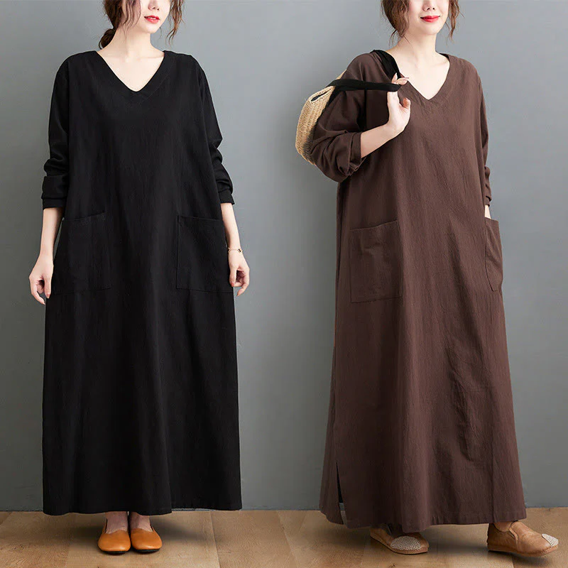 Buddha Stones Fall Casual Simple Design Long Sleeve Cotton Linen Maxi Dress With Pockets