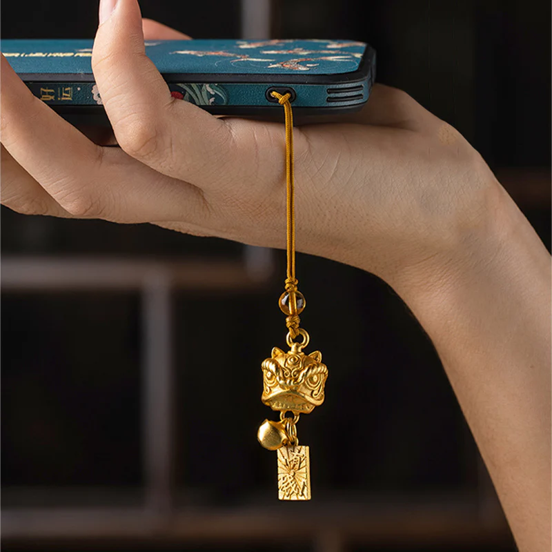 Buddha Stones Dancing Lion Auspicious Ruyi Safe Peace Rich Copper Wealth Phone Hanging Decoration