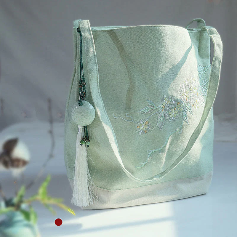 Buddha Stones Flower Crane Plum Blossom Embroidery Canvas Large Capacity Shoulder Bag Tote Bag