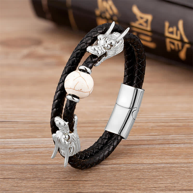 Buddha Stones Double Dragon Head Leather Stone Titanium Steel Success Bracelet (Extra 35% Off | USE CODE: FS35)