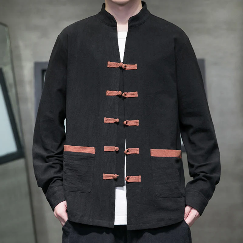 Buddha Stones Men's Stand Collar Frog-button Cotton Linen Long Sleeve Shirt With Pockets