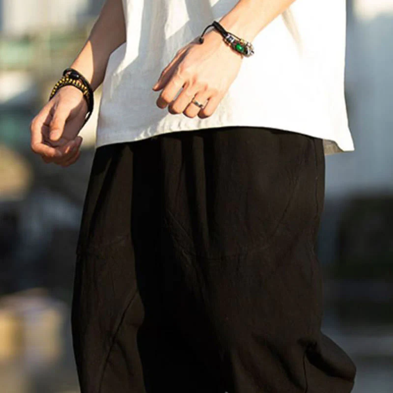 Buddha Stones Summer Plain Pleat Design Drawstring Men's 7-8 Length Cotton Linen Pants With Pockets