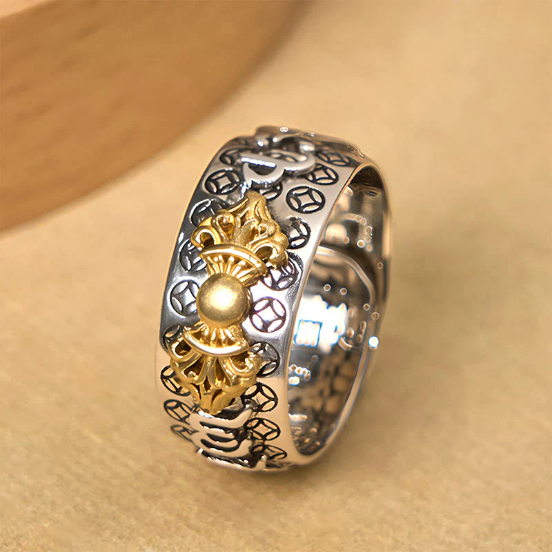 Buddha Stones Vintage Om Mani Padme Hum Vajra Copper Plated Silver Balance Ring