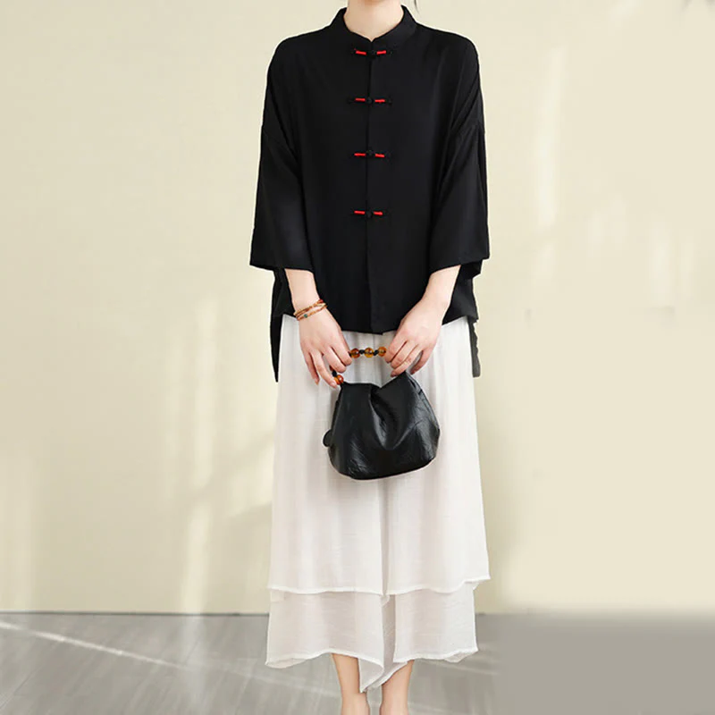 Buddha Stones 2pcs Casual Women's Frog Button Shirt Loose Pants Meditation Clothing Set