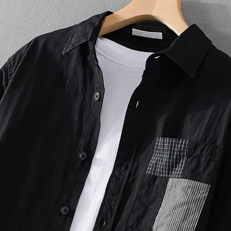 Buddha Stones Spring Daily Line Patchwork Design Lapel Men's Long Sleeve Cotton Linen Shirt With Pockets