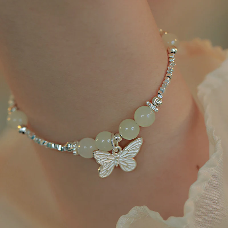 Buddha Stones 925 Sterling Silver Natural Hetian Jade Luck Butterfly Charm Bracelet