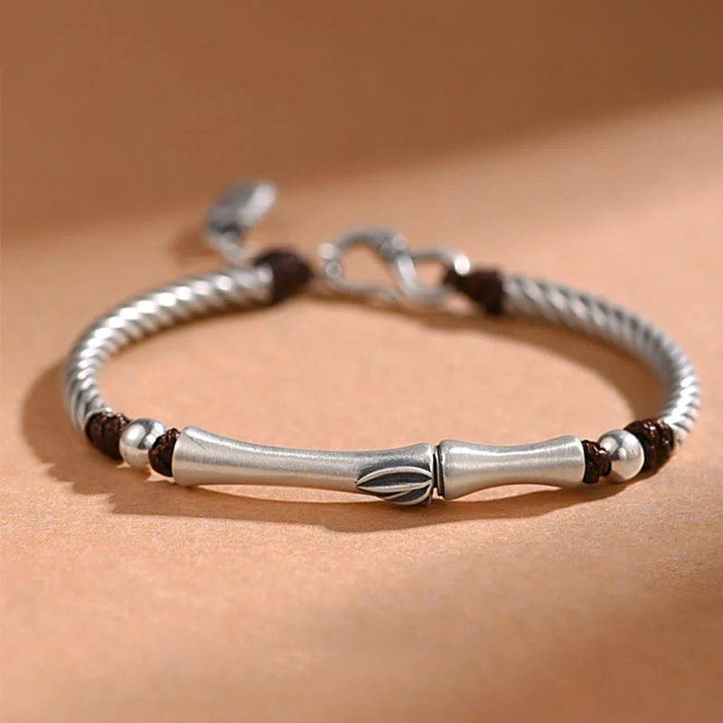 Buddha Stones 999 Sterling Silver Bamboo Pattern Cicada Luck Wealth Bracelet