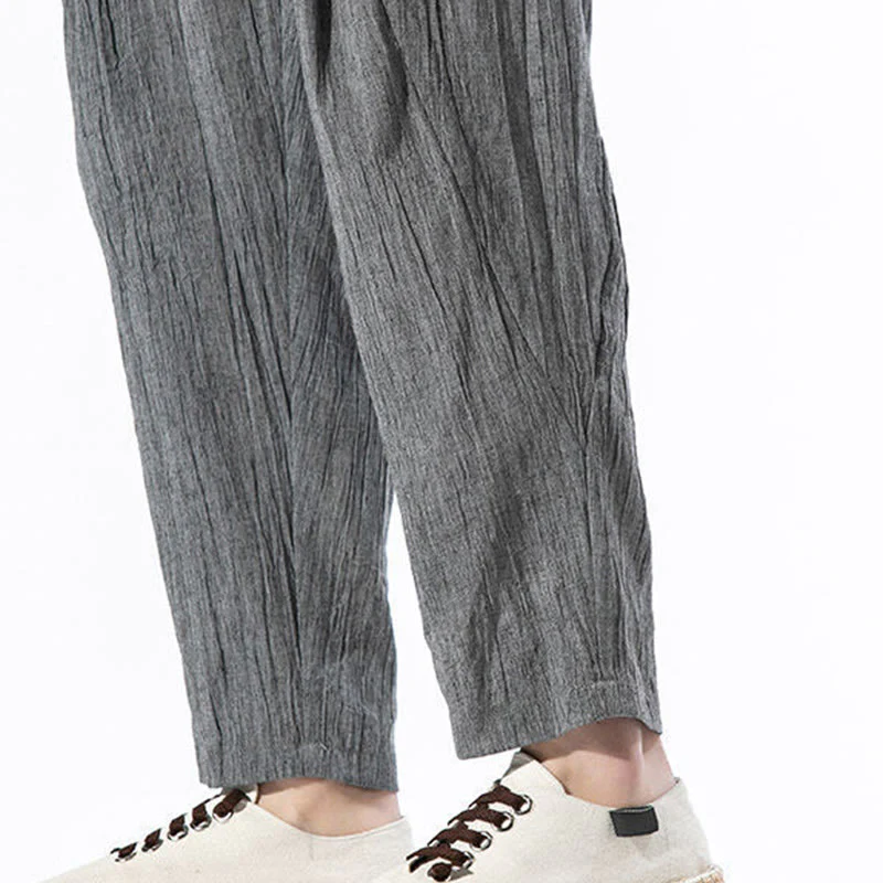 Buddha Stones Casual Plain Pleated Design Drawstring Men's Long Cotton Linen Harem Pants With Pockets