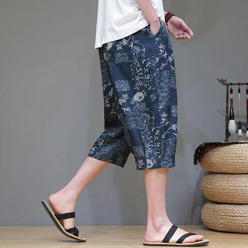 Buddha Stones Summer Bamboo Leaves Flowers Cotton Linen Men's Capri Pants With Pockets