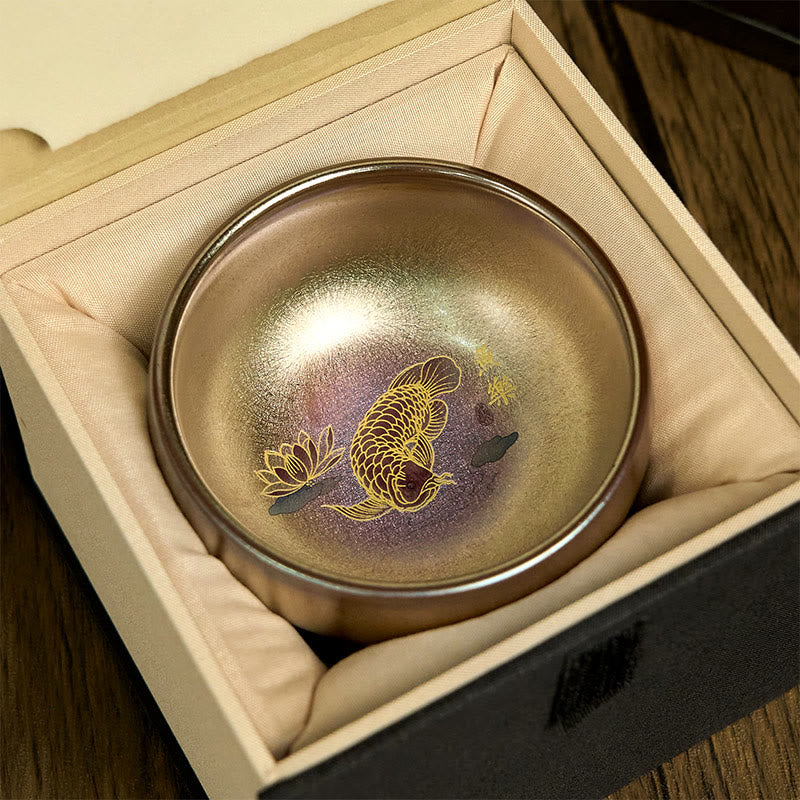 Buddha Stones Handmade Chinese Jianzhan Koi Fish Lotus Leaf Ceramic Teacup Kung Fu Tea Cup 150ml
