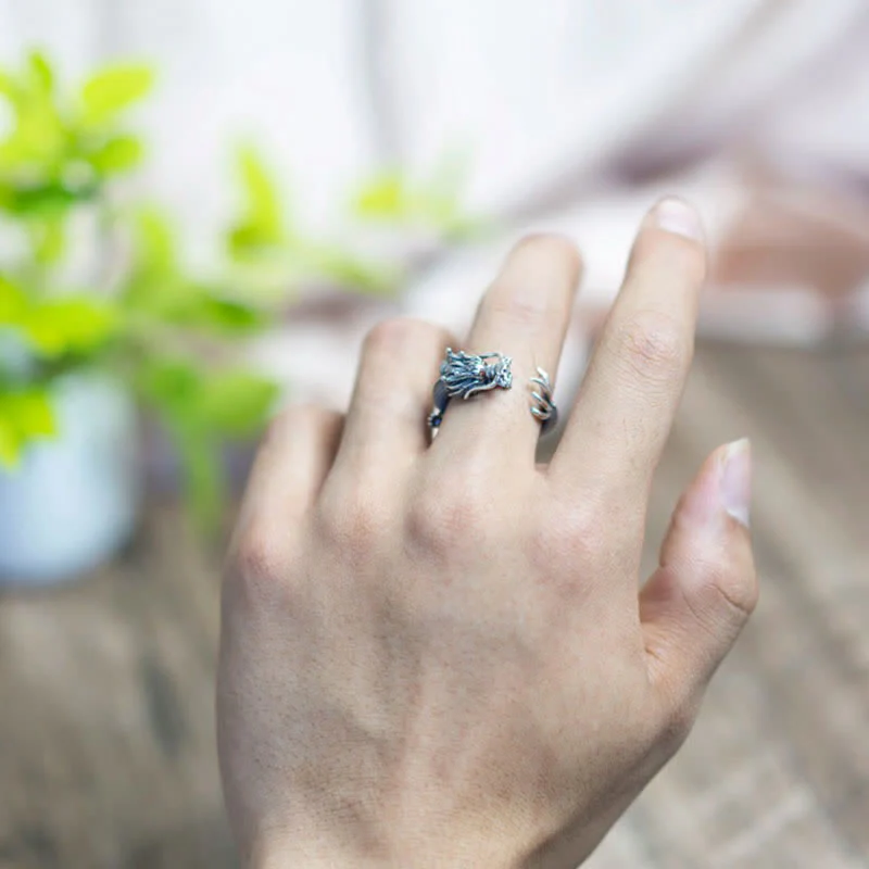 Buddha Stones 925 Sterling Silver Dragon Luck Protection Ring
