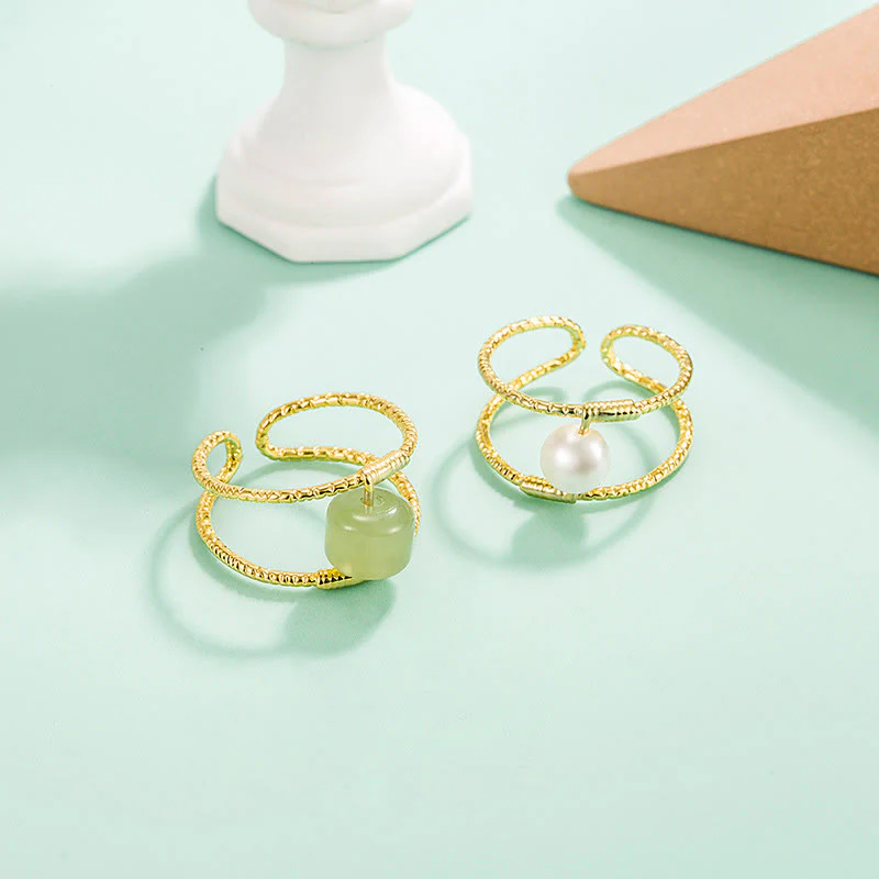 Buddha Stones Round Jade Pearl Bead Double Layer Copper Luck Adjustable Ring