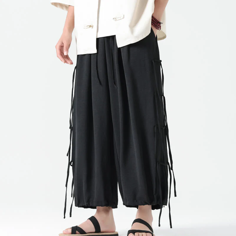 Buddha Stones Casual Loose Lanyard Design Waist Rope Men's 7-8 Length Spandex Pants With Pockets