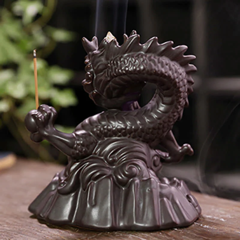 Buddha Stones Auspicious Dragon Ceramic Backflow Smoke Fountain Meditation Healing Incense Burner Led Ball Decoration