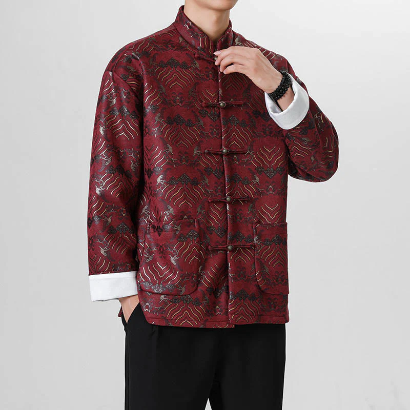 Buddha Stones Frog-Button Chinese Tang Suit Wave Shape Long Shirt Men Jacket Clothing
