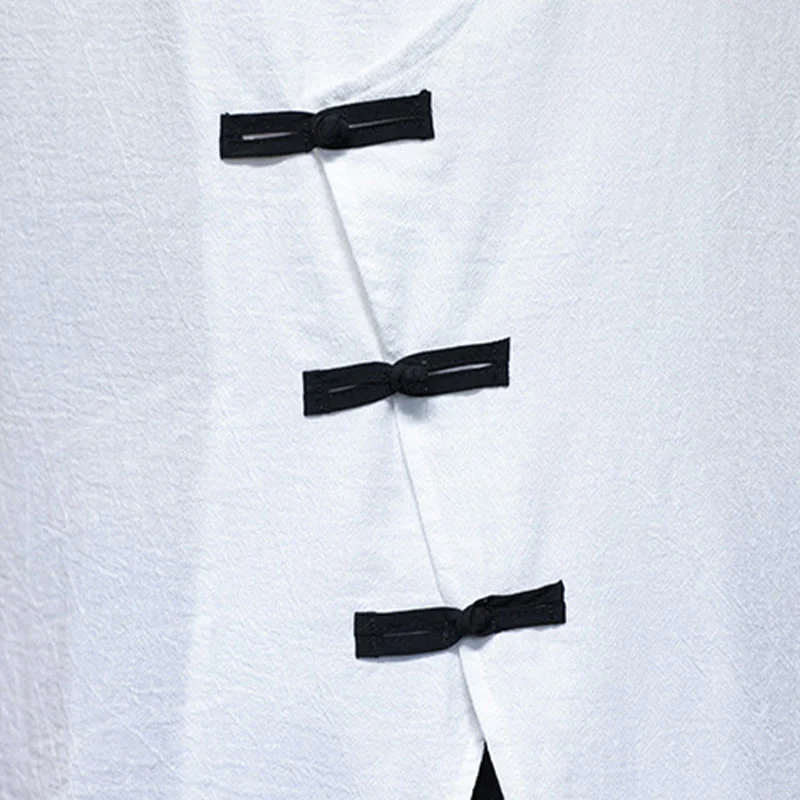 Buddha Stones Casual Plain Chinese Frog-Button Stand Collar Cotton Linen Men's Shirt