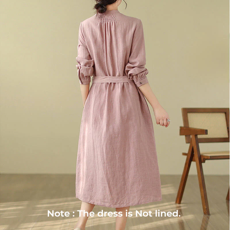 Buddha Stones Casual Plain Drawstring Button Cotton Linen Midi Dress With Pockets
