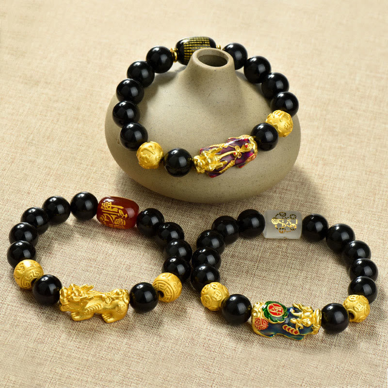 Buddha Stones Fengshui Copper Pixiu Rainbow Obsidian Beads Wealth Bracelet
