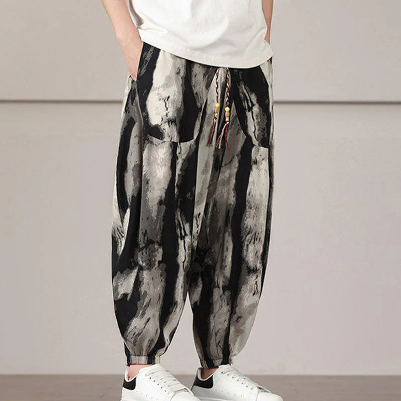 Buddha Stones Stripe Pattern Drawstring Men's Harem Pants With Pockets