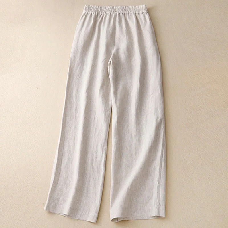 Buddha Stones Summer Casual Simple Design Linen Women's Wide Leg Pants With Zipper Pockets