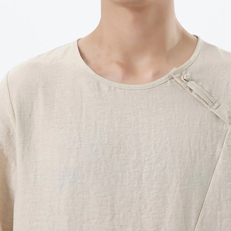 Buddha Stones Men's Long Sleeve Round Collar Comfort Cotton Linen Shirt