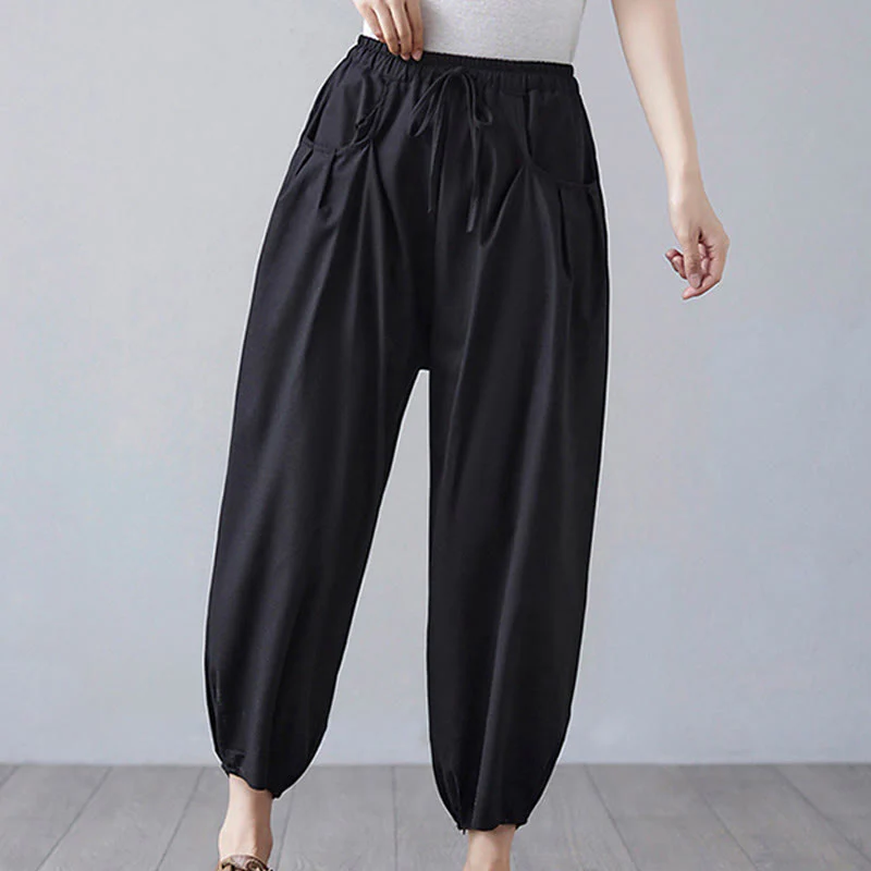 Buddha Stones Summer Plain Cropped Pants Women's Cotton Linen Harem Pants With Pockets