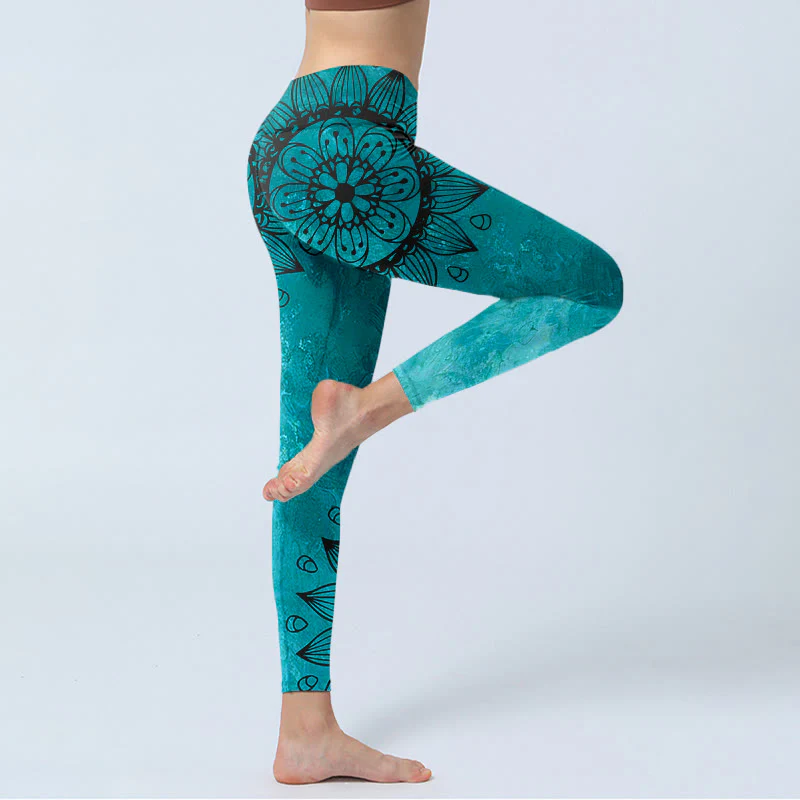 Buddha Stones Green Sunflowers Blossoms Print Gym Leggings Women's Yoga Pants