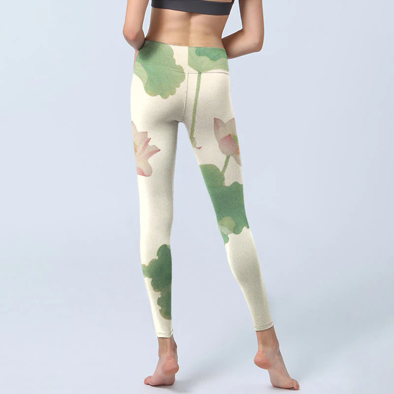 Buddha Stones Elegant Lotus Flower Leaves Pattern Print Gym Leggings Women's Yoga Pants
