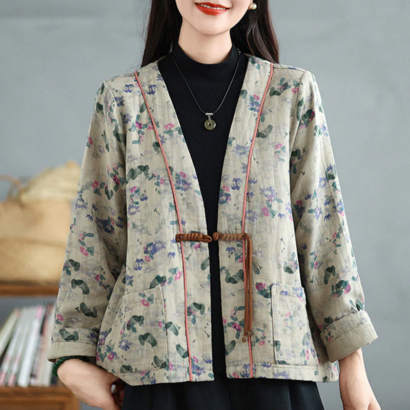 Buddha Stones Printing Floral Frog-Button Open Front Cardigan Cotton Linen Jacket With Pockets