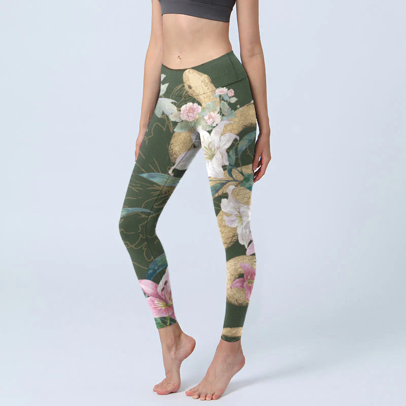 Buddha Stones Green Golden Snake Lily Peony Flowers Print Gym Leggings Women's Yoga Pants