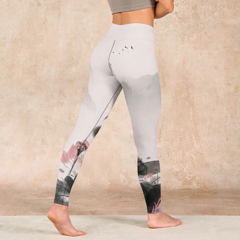 Buddha Stones Ink Painting Lotus Flower Leaf Print Gym Fitness Leggings Women's Yoga Pants