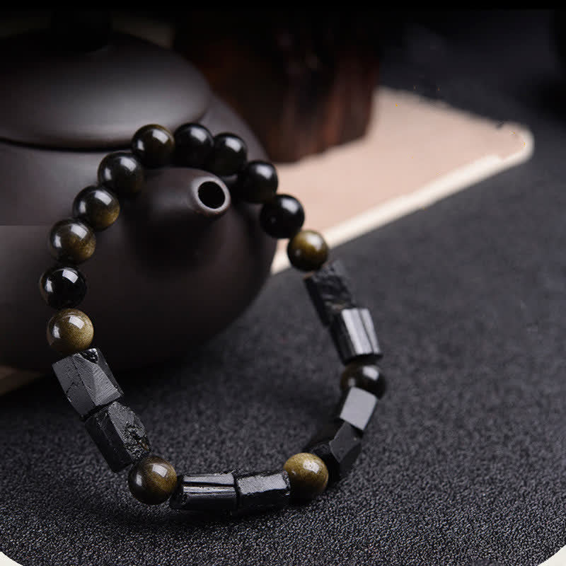 Buddha Stones Gold Sheen Obsidian Black Tourmaline Wealth Bracelet
