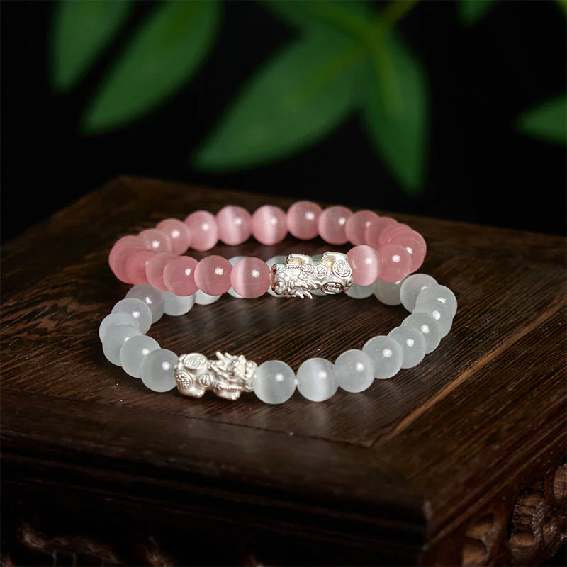 Buddha Stones Natural Cat's Eye Beads 990 Sterling Silver Pixiu Positive Bracelet