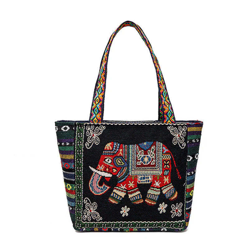 Buddha Stones Elephant Butterfly Embroidered Large Capacity Canvas Tote Bag Shoulder Bag
