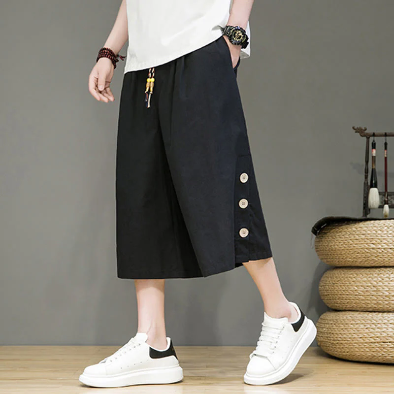 Buddha Stones Casual Plain Side Button Design Drawstring Men's Cotton Cropped Pants With Pockets