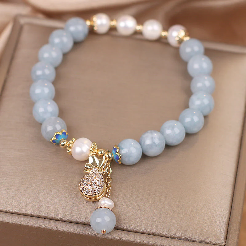 Buddha Stones Aquamarine Pearl Fortune Money Bag Charm Bracelet