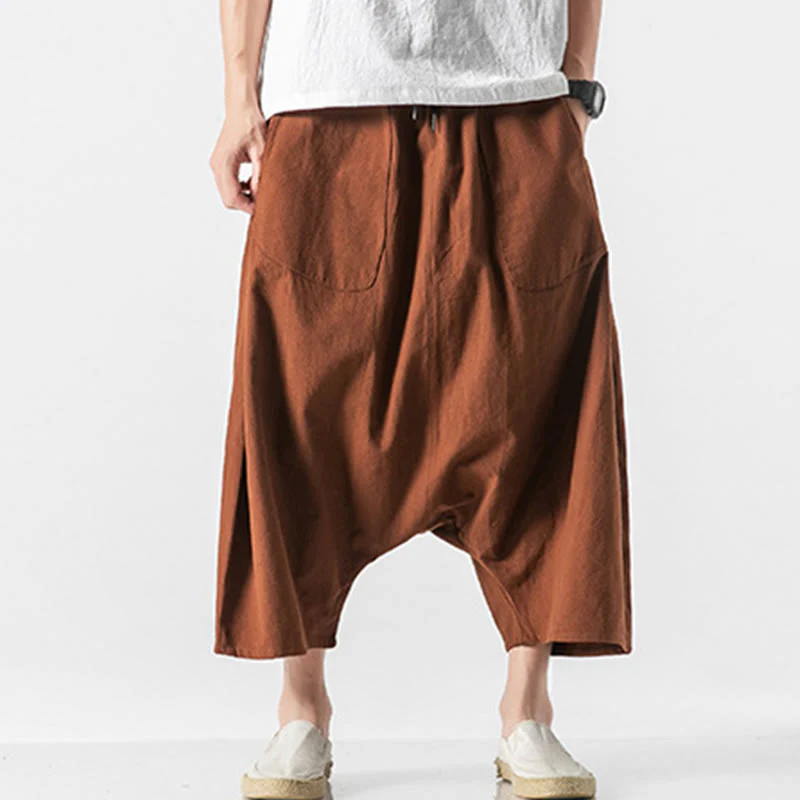 Buddha Stones Casual Low Crotch Design Drawstring Men's 7-8 Length Cotton Linen Wide Leg Pants With Pockets