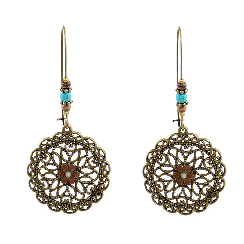 Buddha Stones Round Flower Design Luck Dangle Drop Earrings