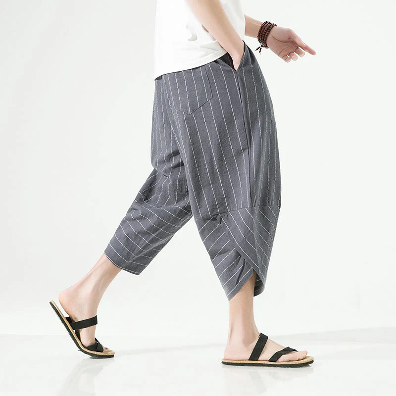 Buddha Stones Casual Plain Stripes Pattern Drawstring Men's 7-8 Length Cotton Linen Harem Pants With Pockets