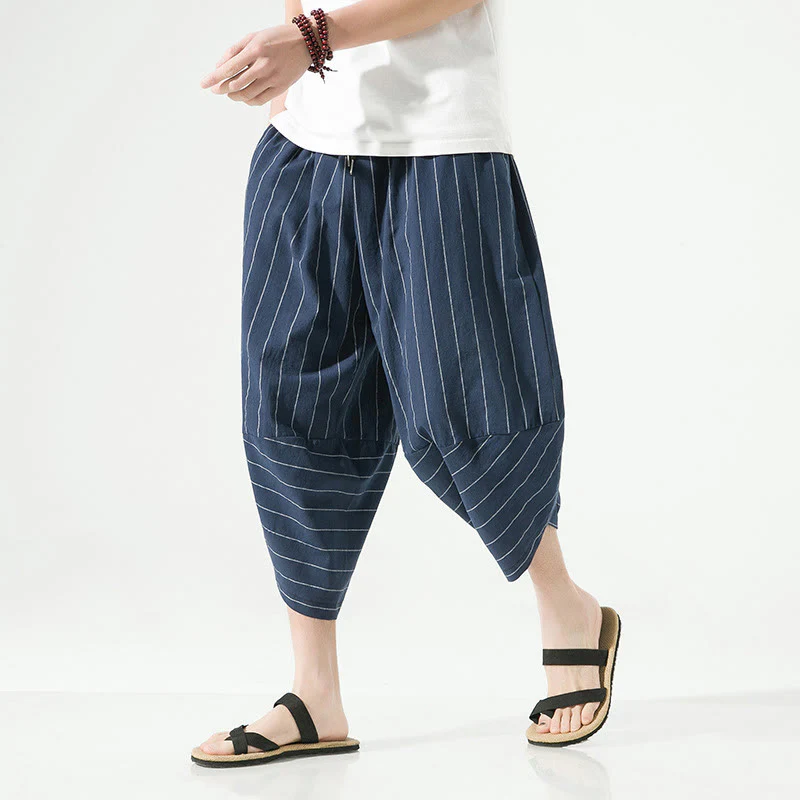 Buddha Stones Casual Plain Stripes Pattern Drawstring Men's 7-8 Length Cotton Linen Harem Pants With Pockets
