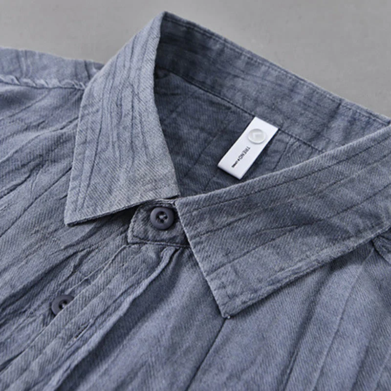 Buddha Stones Retro Pleats Buttons Men's Long Sleeve Ramie Linen Shirt With Pockets