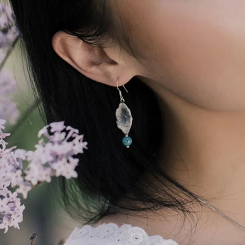 Buddha Stones 925 Sterling Silver Turquoise Lotus Leaf Protection Drop Dangle Earrings