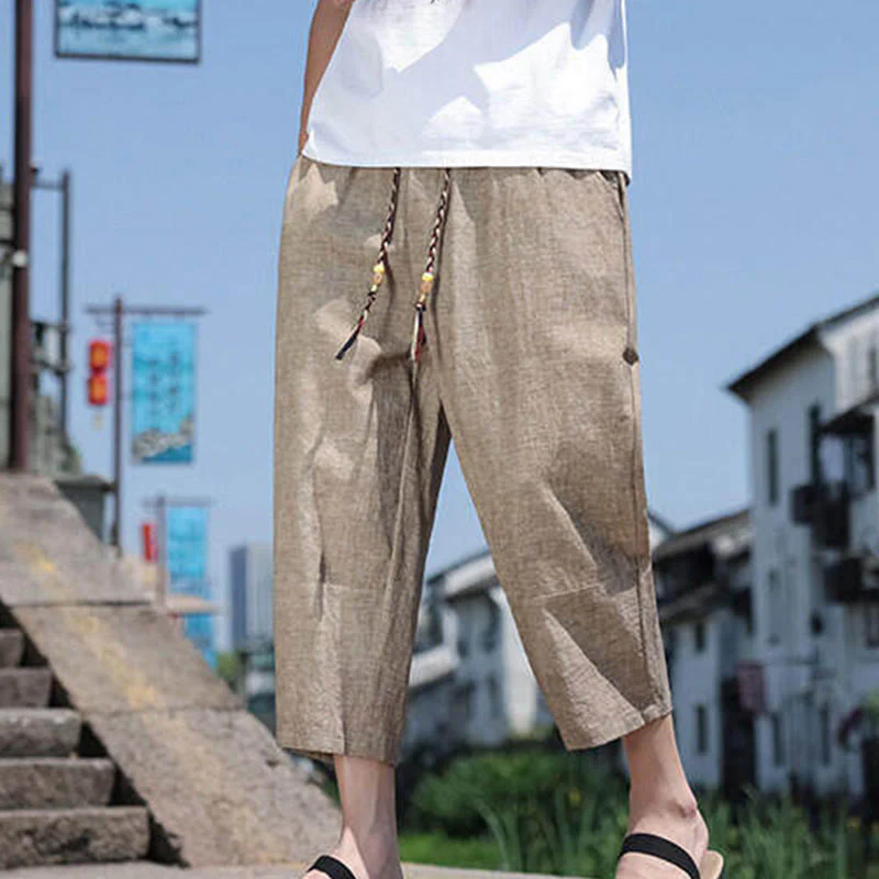 Buddha Stones Casual Woven Bead Waist Rope Men's 7-8 Length Spandex Pants With Pockets