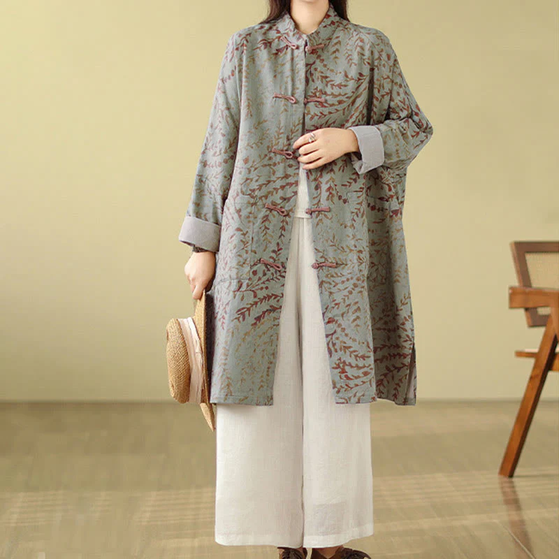 Buddha Stones Frog-button Vine Leaves Women's Cotton Linen Coat With Pockets