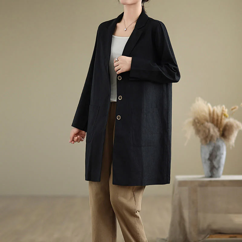 Buddha Stones Casual Fall Buttons Design Lapel Women's Cotton Linen Coat With Pockets